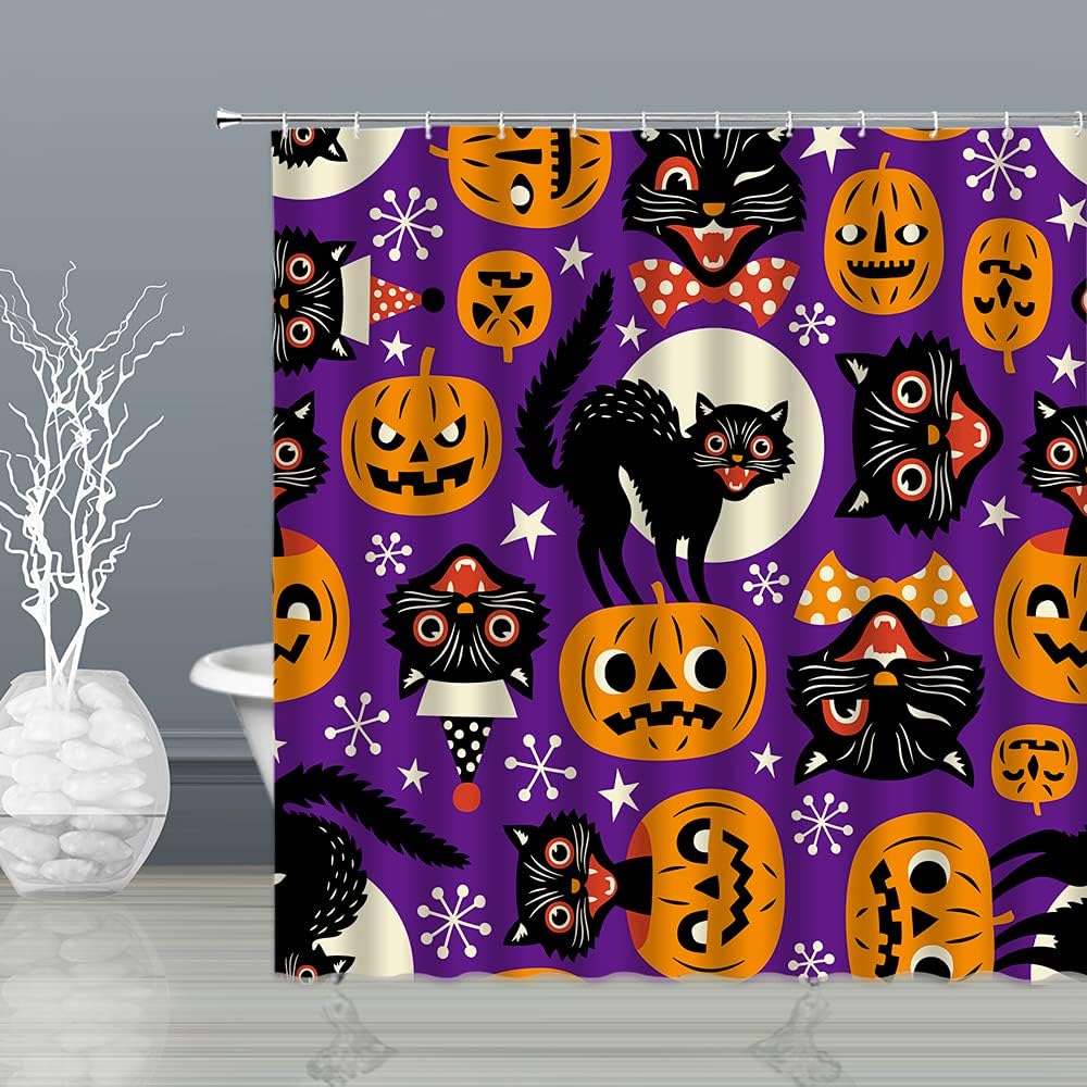 Cortina de ducha de Halloween, espeluznante gato negro, terror, calabaza naranja, bruja aterradora, gatos de luna llena, divertida cortina de baño