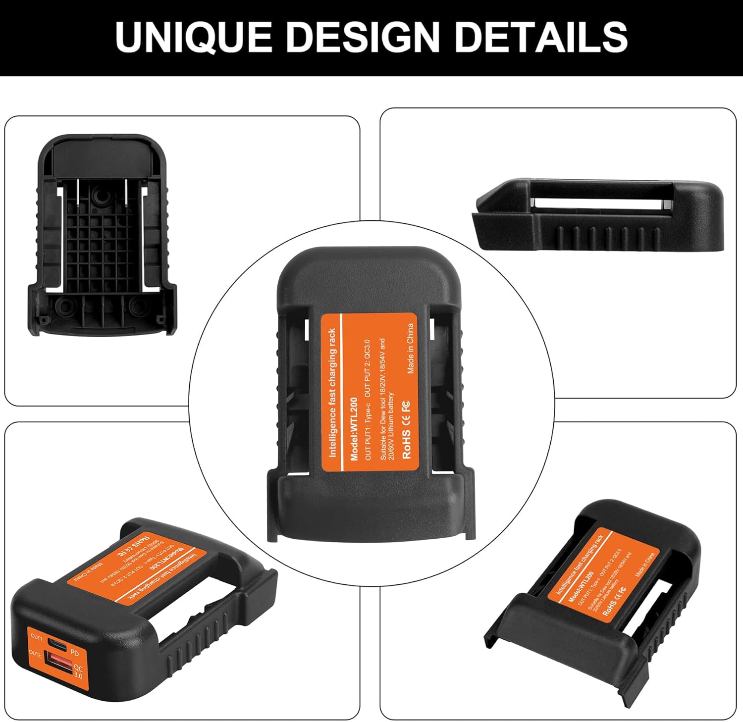 Paquete de 2 adaptadores de cargador USB negro, compatible con batería Dewalt de 20 V 60 V Max, con carga rápida tipo C y puertos USB (solo