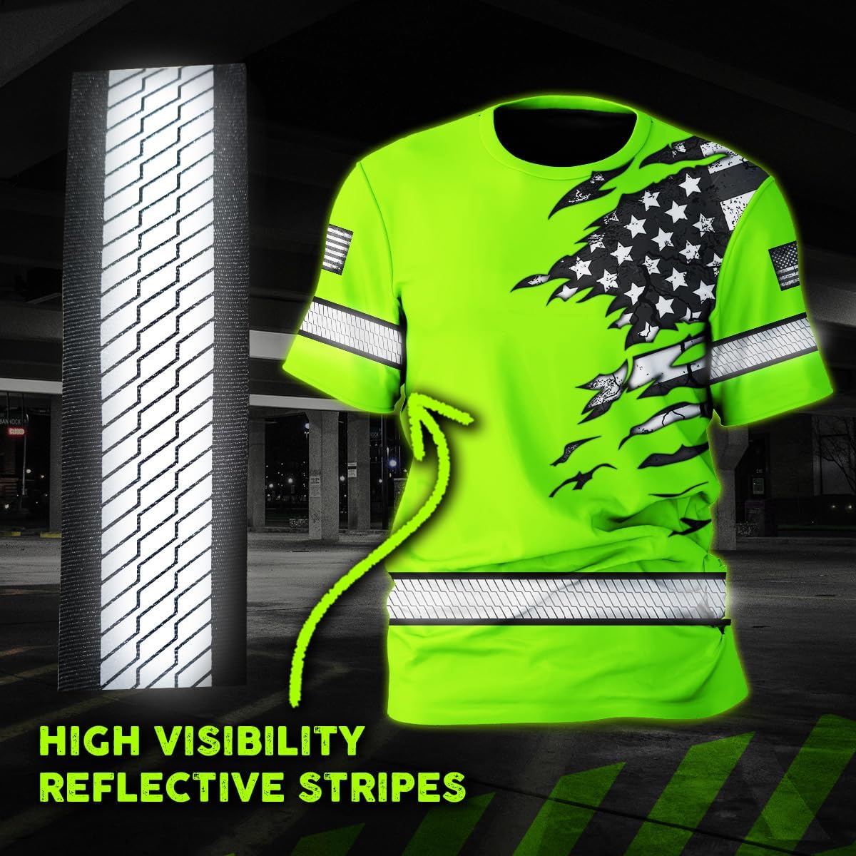 HiVis Custom Camisa de alta visibilidad de calavera con bandera de Estados Unidos para hombres, camisas de seguridad con nombre personalizado, ropa
