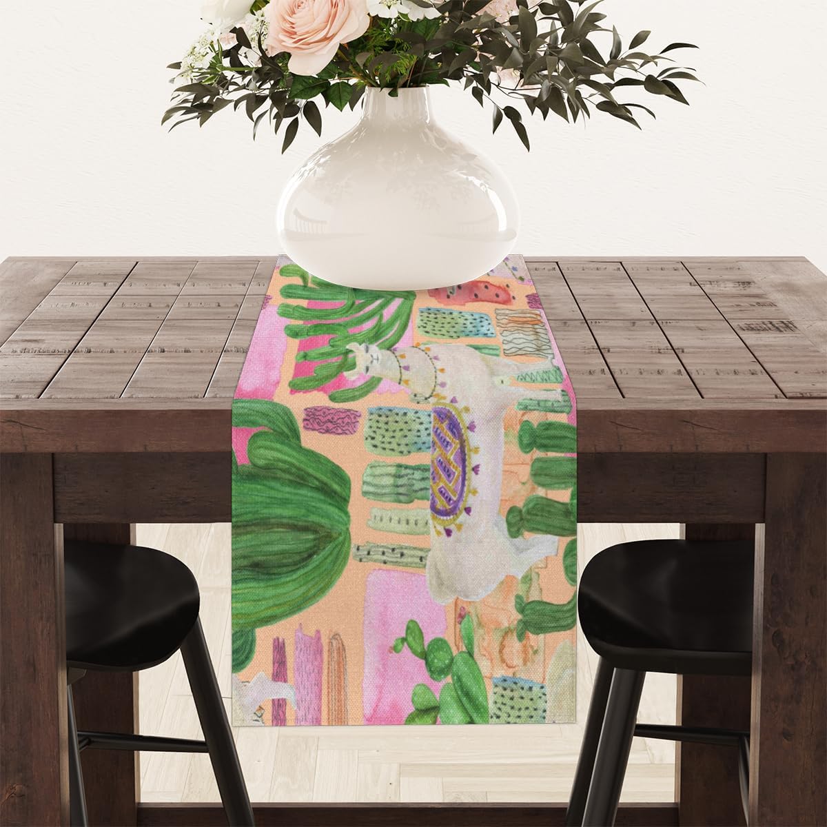 Table Runner Watercolor Alpaca Cacti, Autumn Rustic Linen Table Cloth Kitchen Dining Table Decor for Home Party 13 x 72 Inches