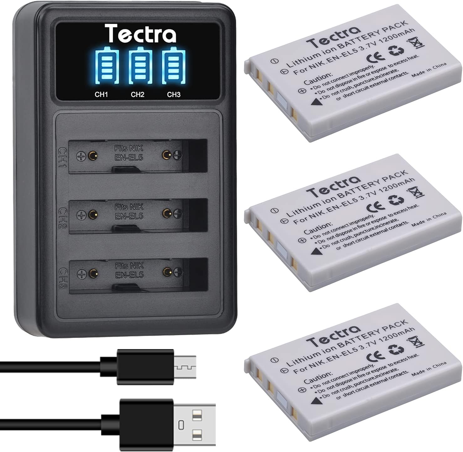 Tectra 3 baterías EN-EL5 ENEL5 + cargador USB LED de 3 ranuras para Nikon Coolpix P3, P4, P90, P80, P100, P500, P510, P520, P530, P5000, P6000, S10,