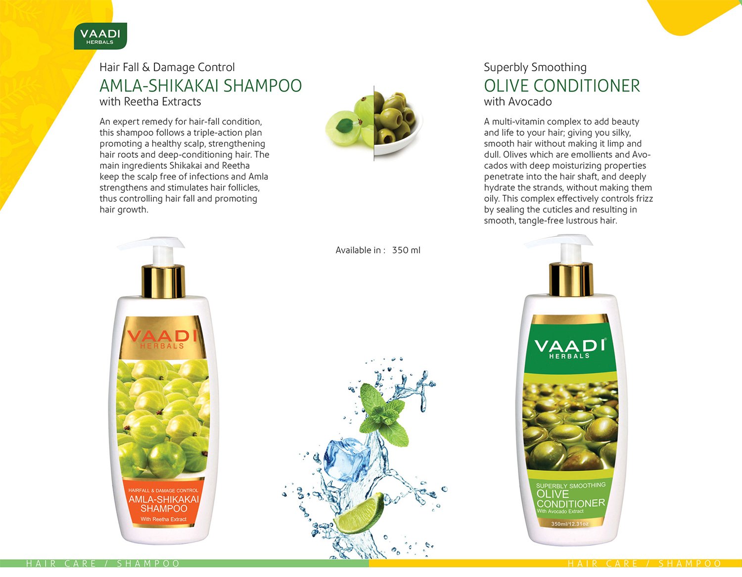 Vaadi Herbals Amla With Shikakai & Reetha Champú y acondicionador de oliva – Champú para el control de caídas y daños – Cada paquete de 11.8 fl oz –
