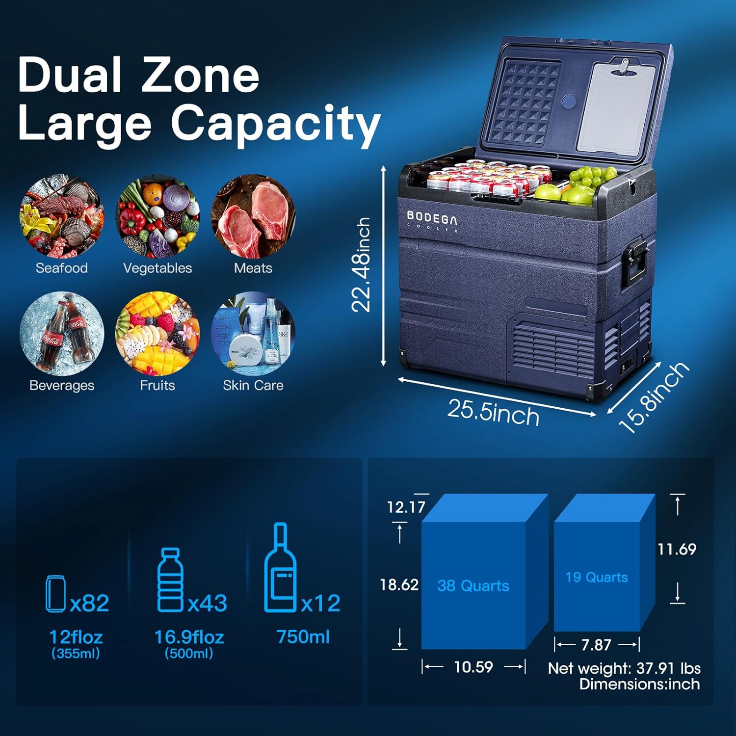 BODEGA COOLER Refrigerador de coche de 12 voltios, refrigerador de coche RV con control de aplicación de doble zona, congelador portátil, 57 cuartos