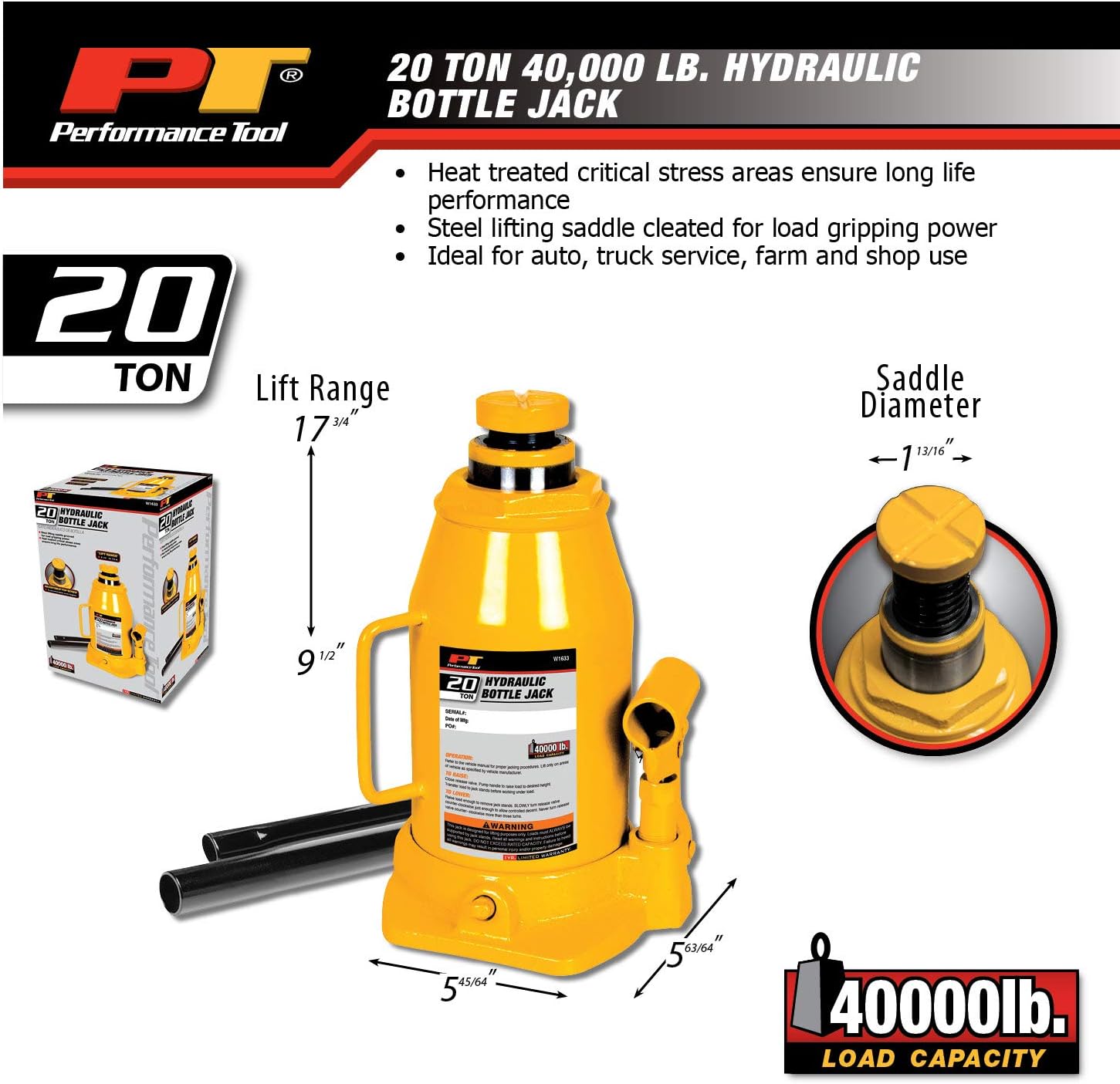 Performance Tool W1633 – Gato hidráulico de 20 toneladas (40,000 libras) Gato hidráulico de botella resistente