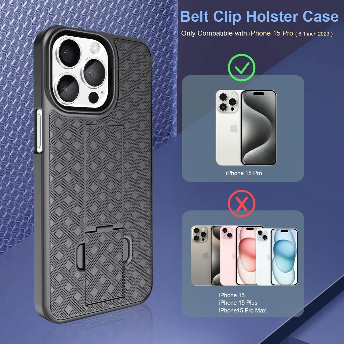 Fingic Funda para iPhone 15 Pro con funda con clip para cinturón Carcasa delgada combinada con soporte giratorio para cinturón con clip para