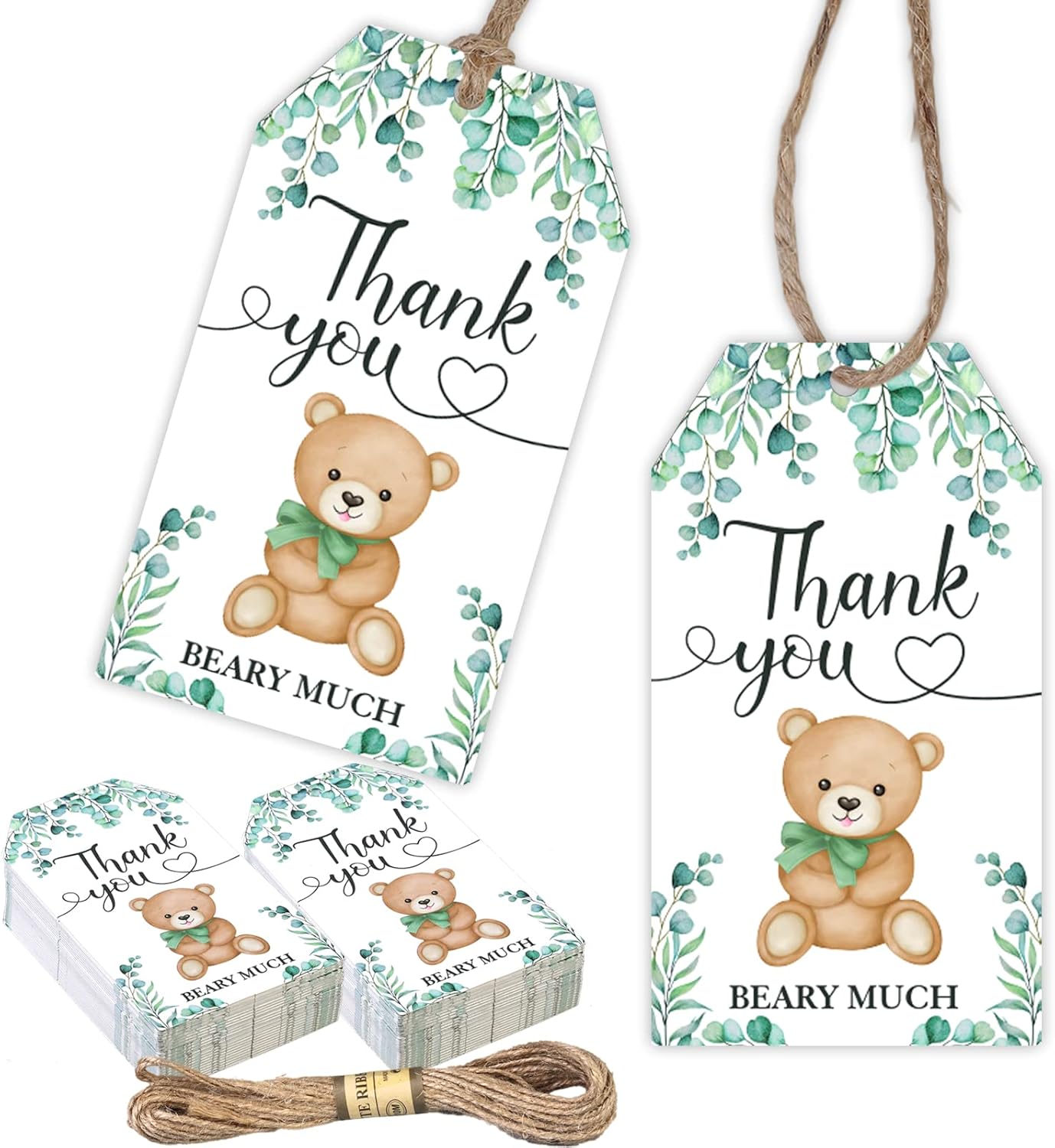 Etiquetas de agradecimiento con texto en inglés “Bear Thank You”, 50 etiquetas de regalo verdes con cuerda para baby shower, etiquetas de regalo de