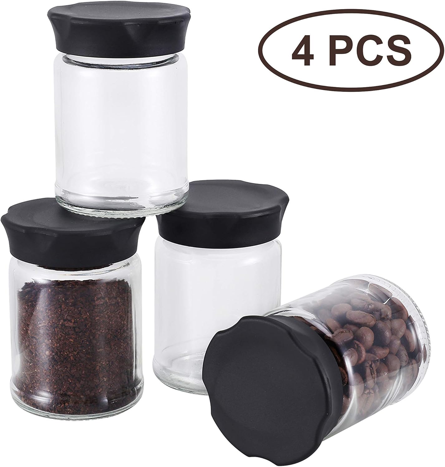 VEVOK CHEF Mini tarros de vidrio con tapas negras, 4 piezas de almacenamiento de alimentos, recipiente de cocina, recipiente pequeño para café, té,