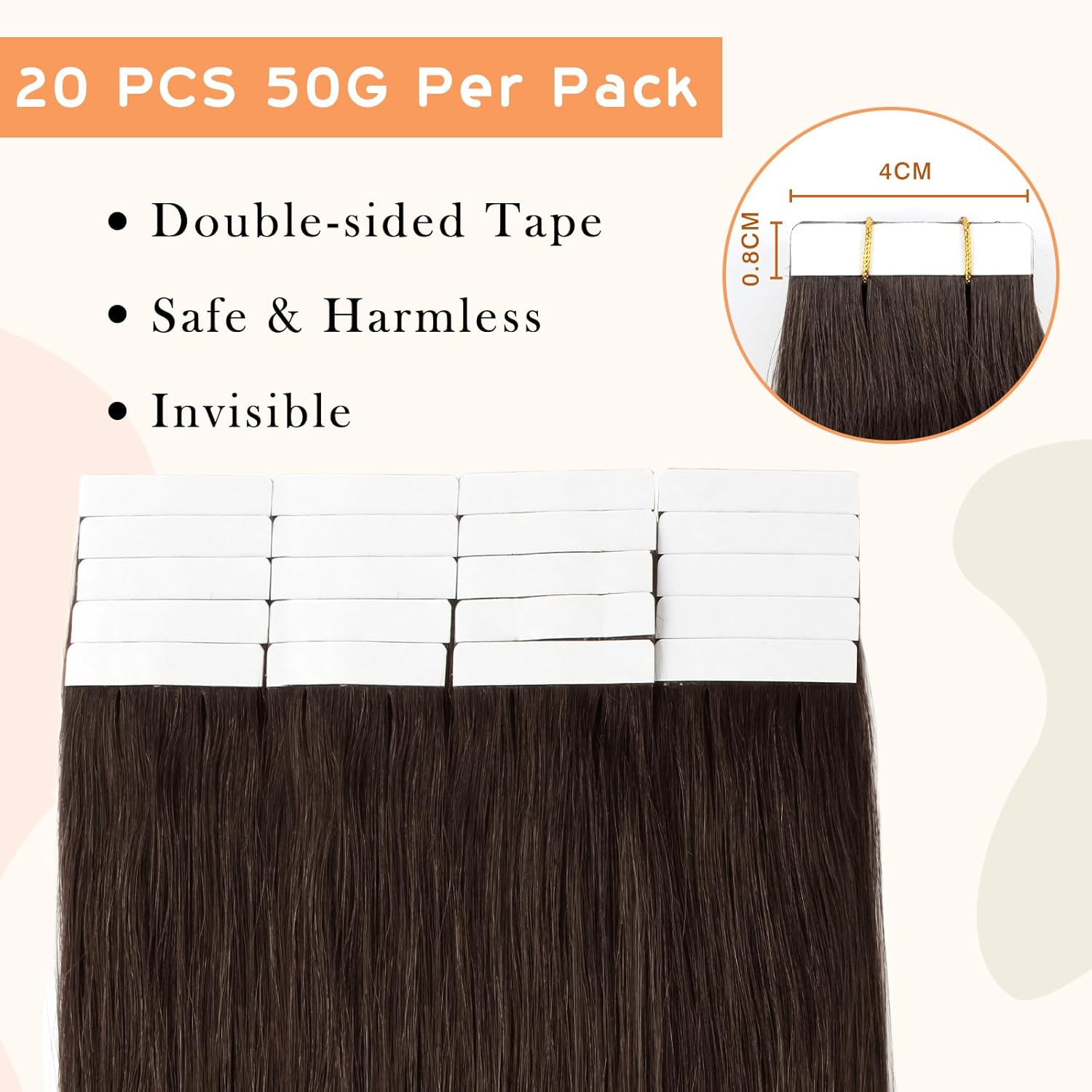 YMEYME Extensiones de cabello humano con cinta, color marrón oscuro, cabello humano real, 2 extensiones de trama de piel lacio, sin costuras, 0