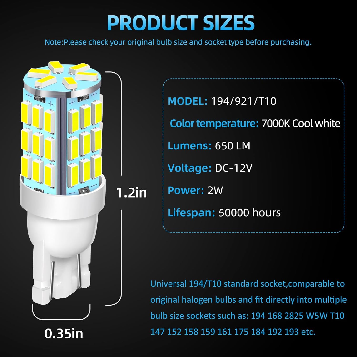 Bombillas LED 921 194 168 175 T10 de color blanco frío, paquete de 20 unidades, superbrillantes de 42-SMD LED de repuesto de 12 voltios para