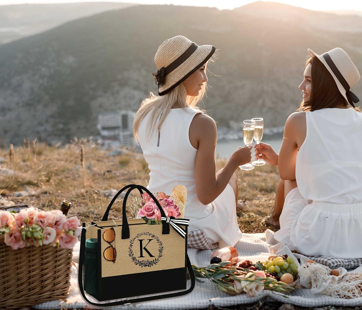 Bolsa de yute para mujer, bolsa de monograma y bolsa de maquillaje, regalos para mamá, amiga, dama de honor, cumpleaños personalizado