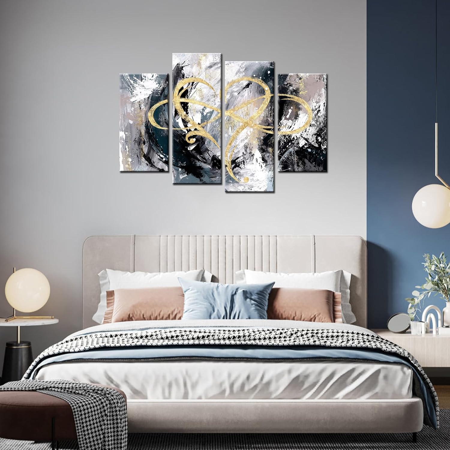 iHAPPYWALL Lienzo de 4 paneles con diseño de corazón infinito, arte abstracto de amor eterno, geométrico, gris y dorado, para dormitorio, sala de