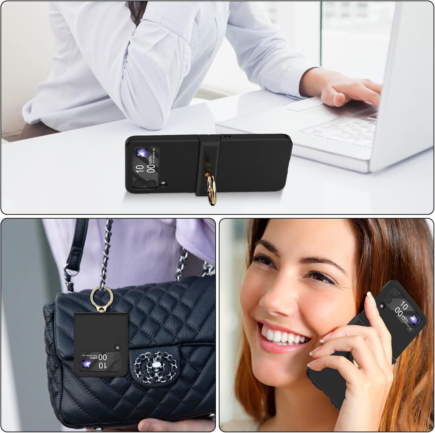 Funda compatible con Galaxy Z Flip 4 con protección de bisagra y soporte de anillo, funda protectora delgada y fina para Samsung Z Flip 4 5G (negro)