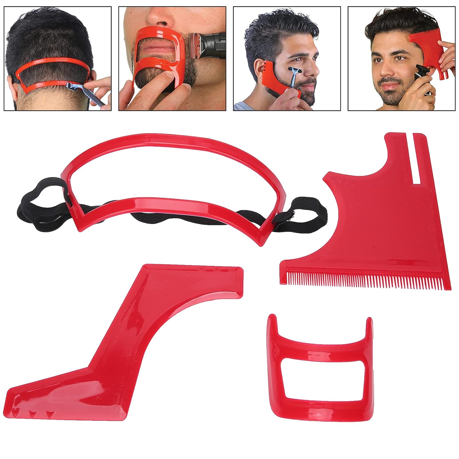 Kit de herramientas para moldear la barba, estilo de barba, corte de línea de cabello, juego de plantillas de barba de plástico rojo, herramienta de