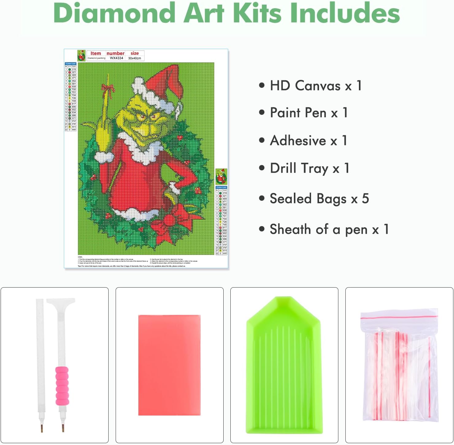 MOGTAA Kits de arte de diamantes de Navidad para adultos, kits de arte de diamantes Grinch para principiantes, kits de puntos de diamante 5D,