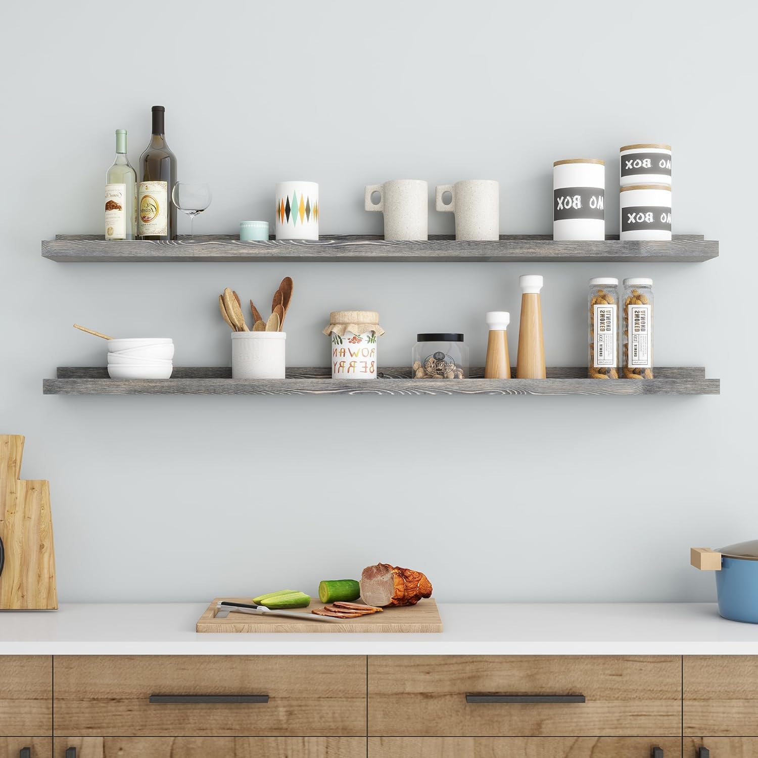 Juego de 2 estantes de pared de 48 pulgadas de ancho, estantes flotantes rústicos de madera de pino maciza para pared para habitación de niños,