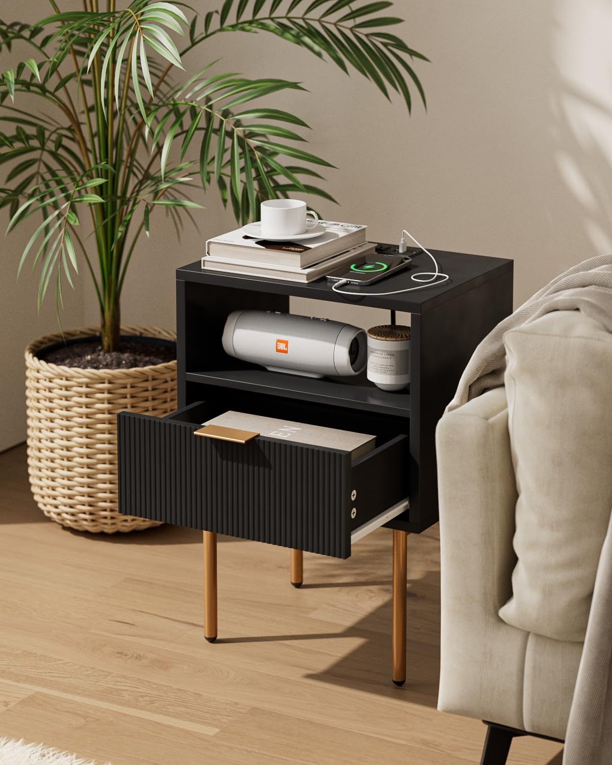 Mesita de noche con estación de carga, cómoda con cajón para dormitorio, mesa auxiliar pequeña con cajón, mesita de noche, mesa auxiliar con marco