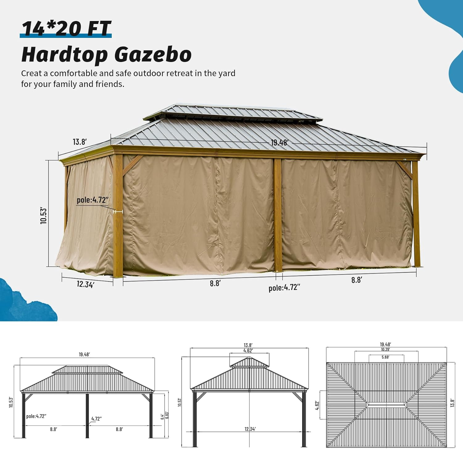 Domi Outdoor Living Cenador de techo rígido de 14 x 20 pies, toldo con marco de aluminio recubierto de madera con doble techo de acero galvanizado,