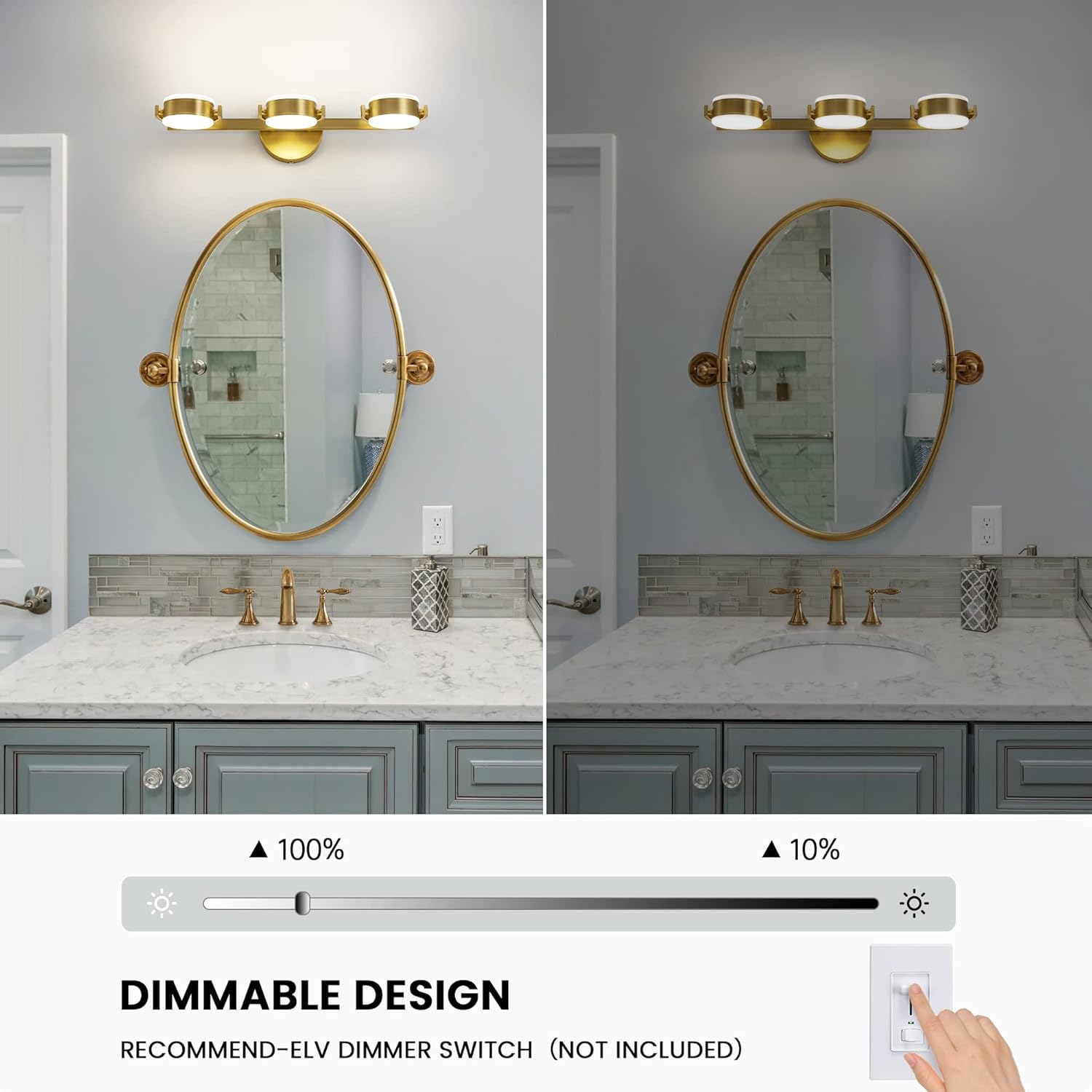 Luces de baño sobre el espejo 3 luces de oro cepillado LED giratorias de 360 para tocador de baño – Modernas lámparas de montaje en pared de 30 W