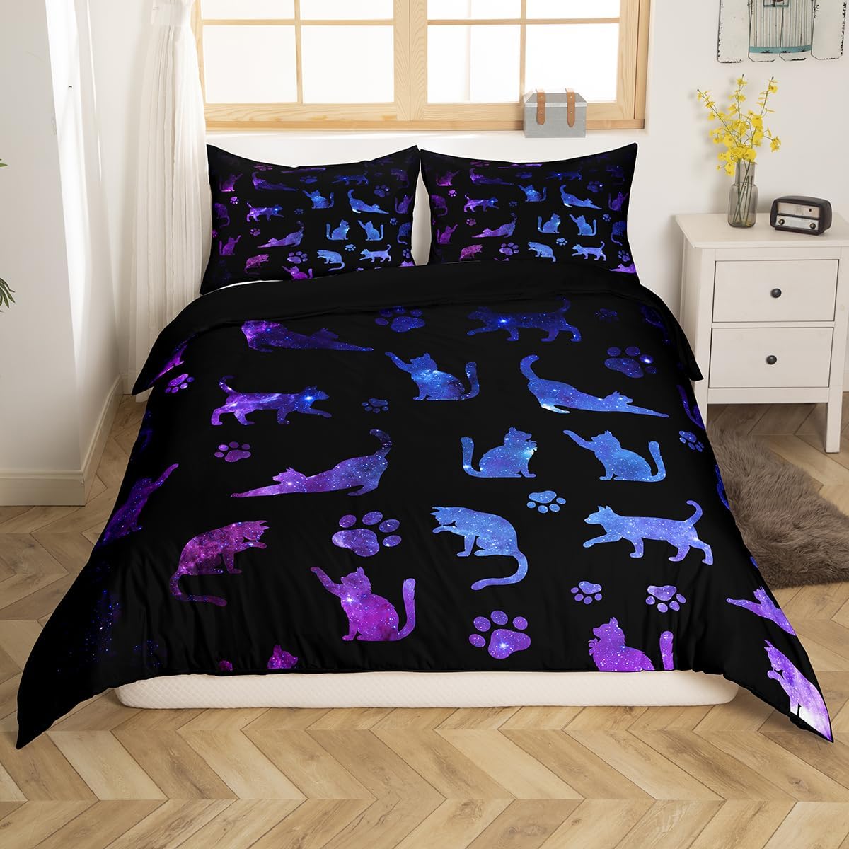 Erosebridal Juego de funda de edredón de gatos, tamaño Queen, para niños, gatos, silueta de dibujos animados, morado, azul, reversible, negro,