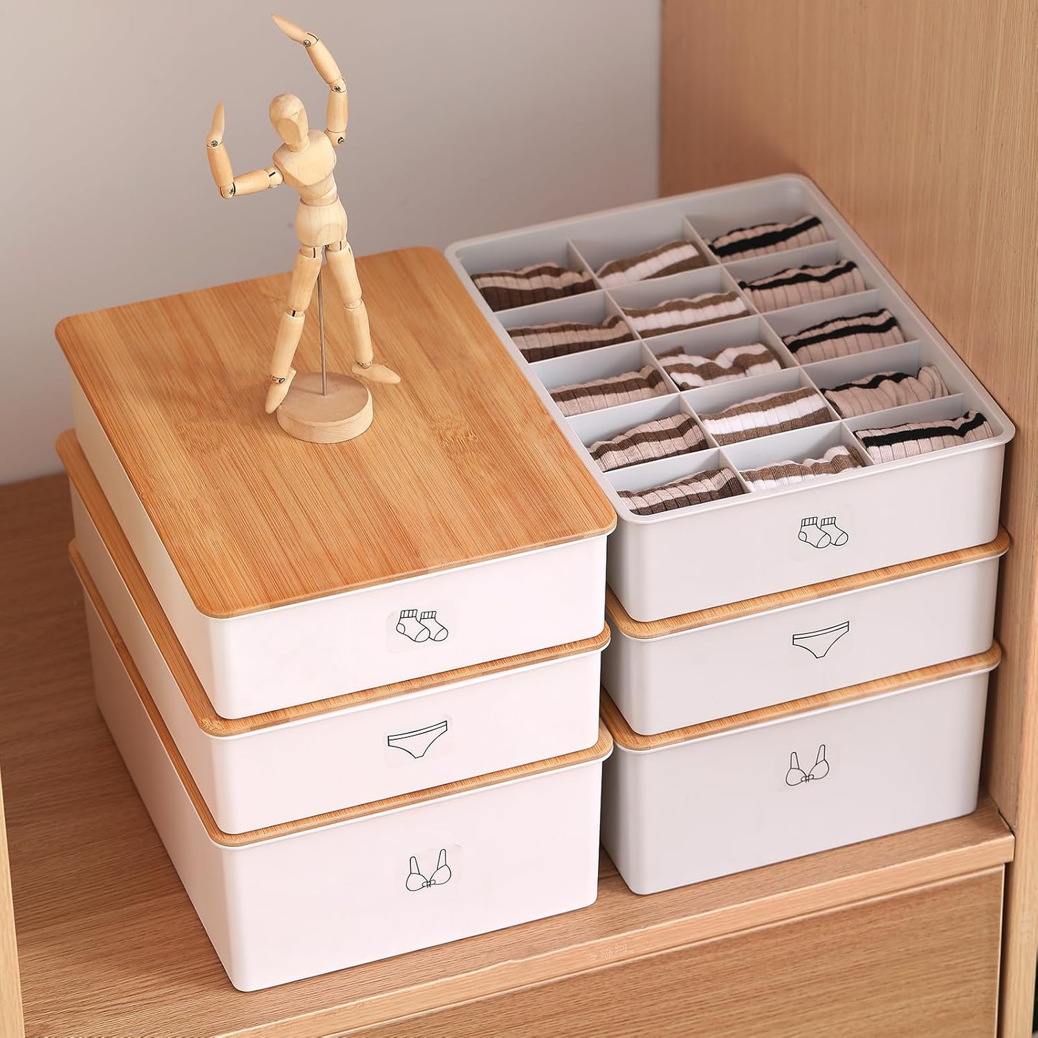Caja de almacenamiento de lujo con tapa de bambú para calcetines y ropa interior, 10 celdas + 15 celdas, organizadores de tela y cajas de