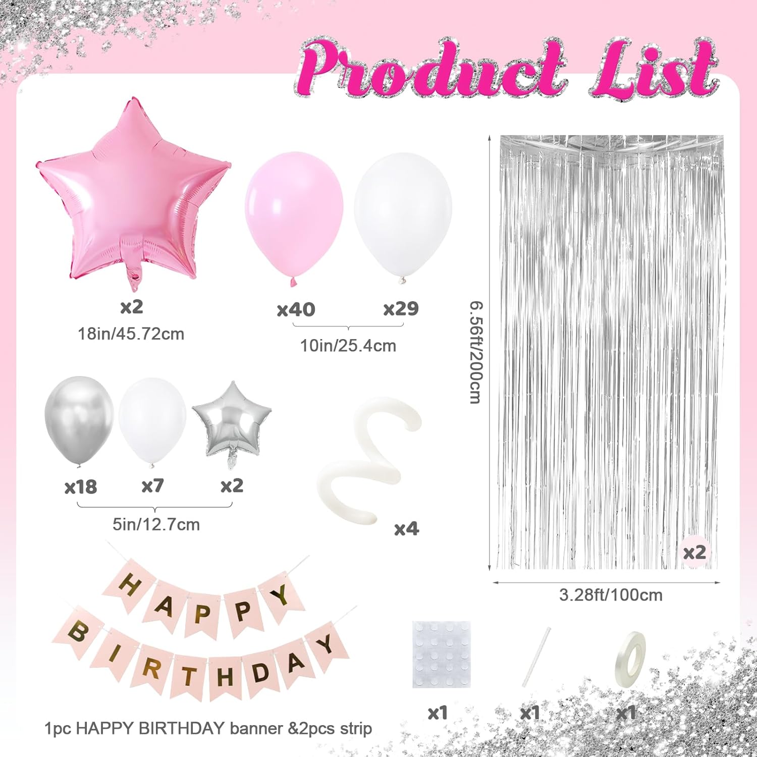 108 piezas de decoración de fiesta rosa, kit de arco de guirnalda de globos con pancarta de feliz cumpleaños, cortinas de flecos metálicos,