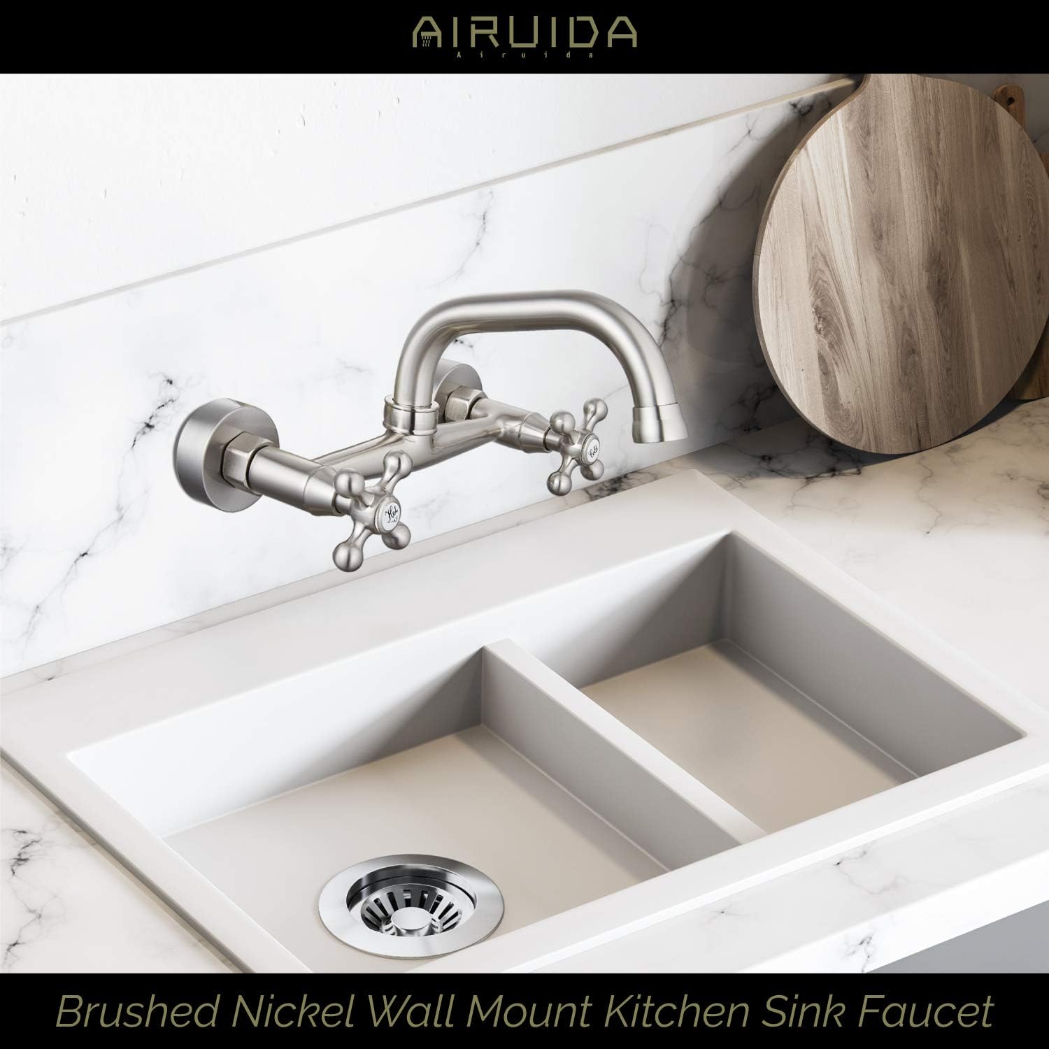 Airuida Grifo de fregadero de cocina de montaje en pared para pico de 6 pulgadas (5.9 in), centro ajustable, centro ajustable, asas cruzadas, agua