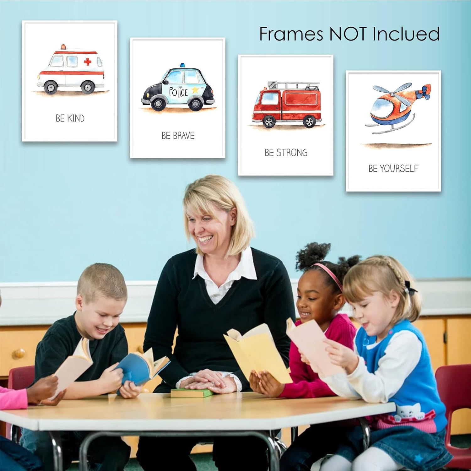 4 piezas de arte de pared de vehículo de emergencia para decoración de habitación de niños, sin marco, lindo camión de bomberos, ambulancia,
