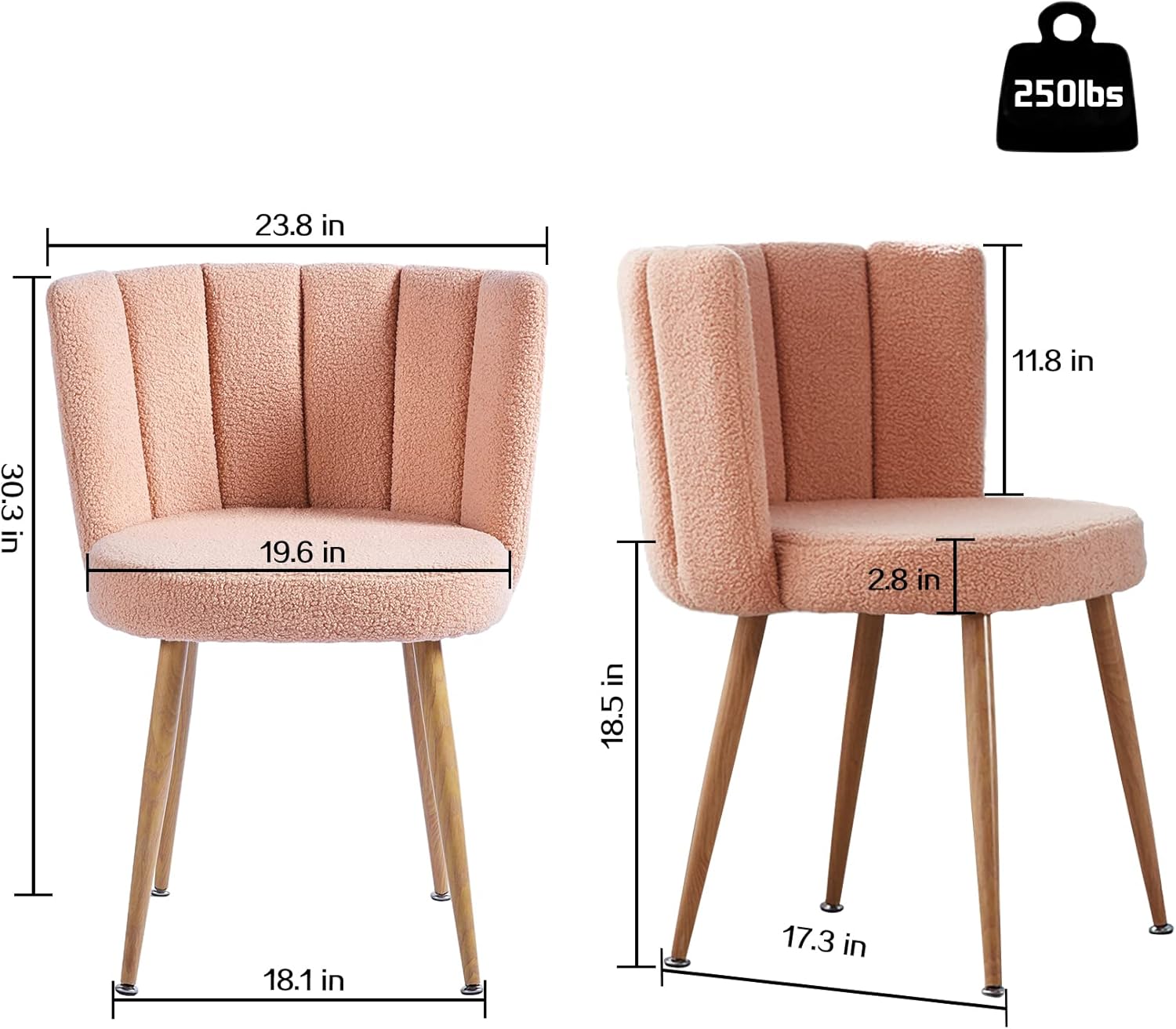 ATSNOW Juego de 2 sillas decorativas de sherpa rosa melocotón, modernas sillas laterales tapizadas de mediados de siglo para comedor, sala de estar,