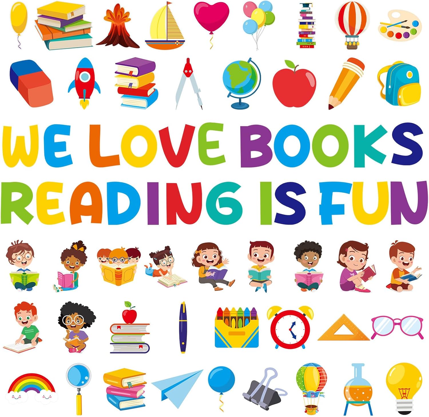 Juego de 66 tablones de anuncios de lectura, tablero de anuncios de lectura, recortes de libros, arco iris, decoración de tablón de anuncios para el