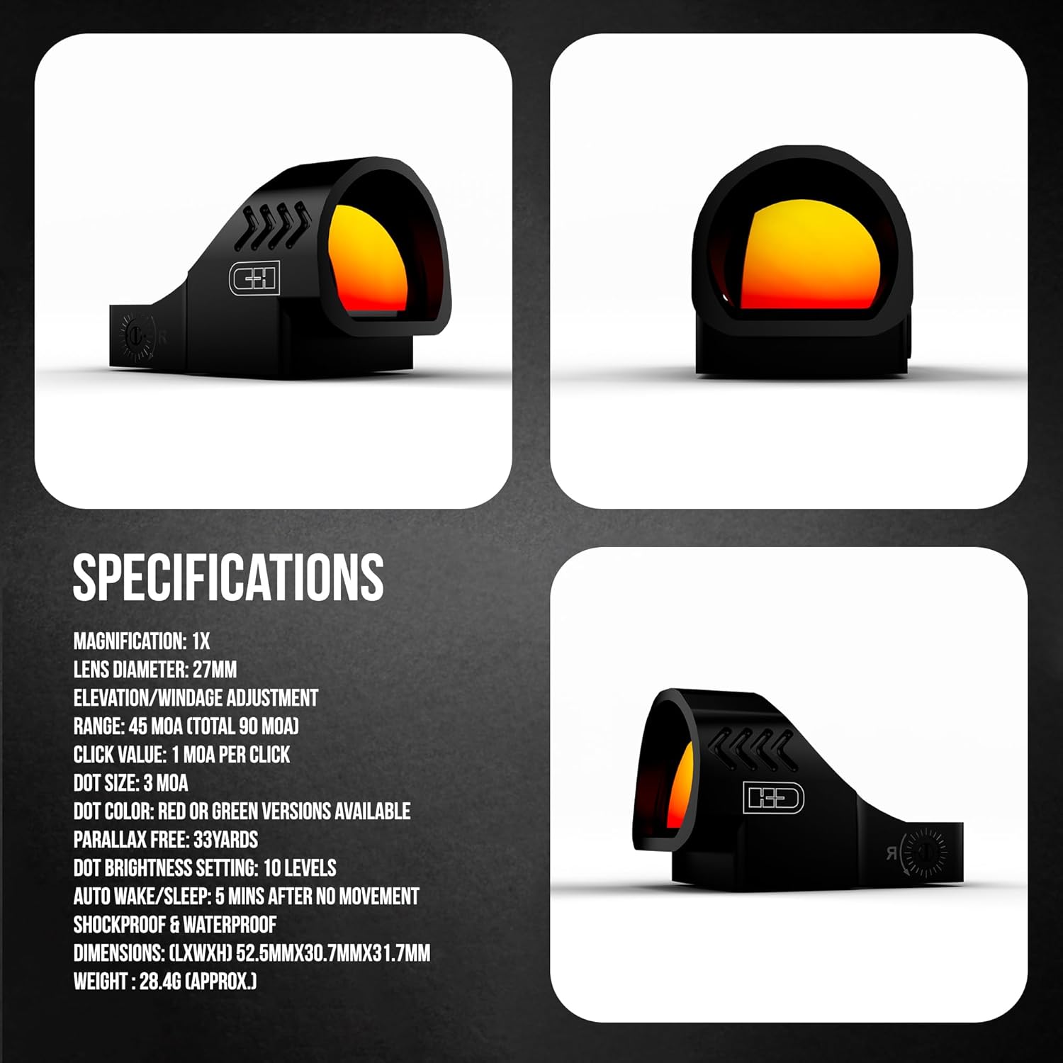 C+H COMP Red Dot Pistola óptica, ventana grande, ajustable, a prueba de golpes, impermeable, múltiples opciones de retícula disponibles