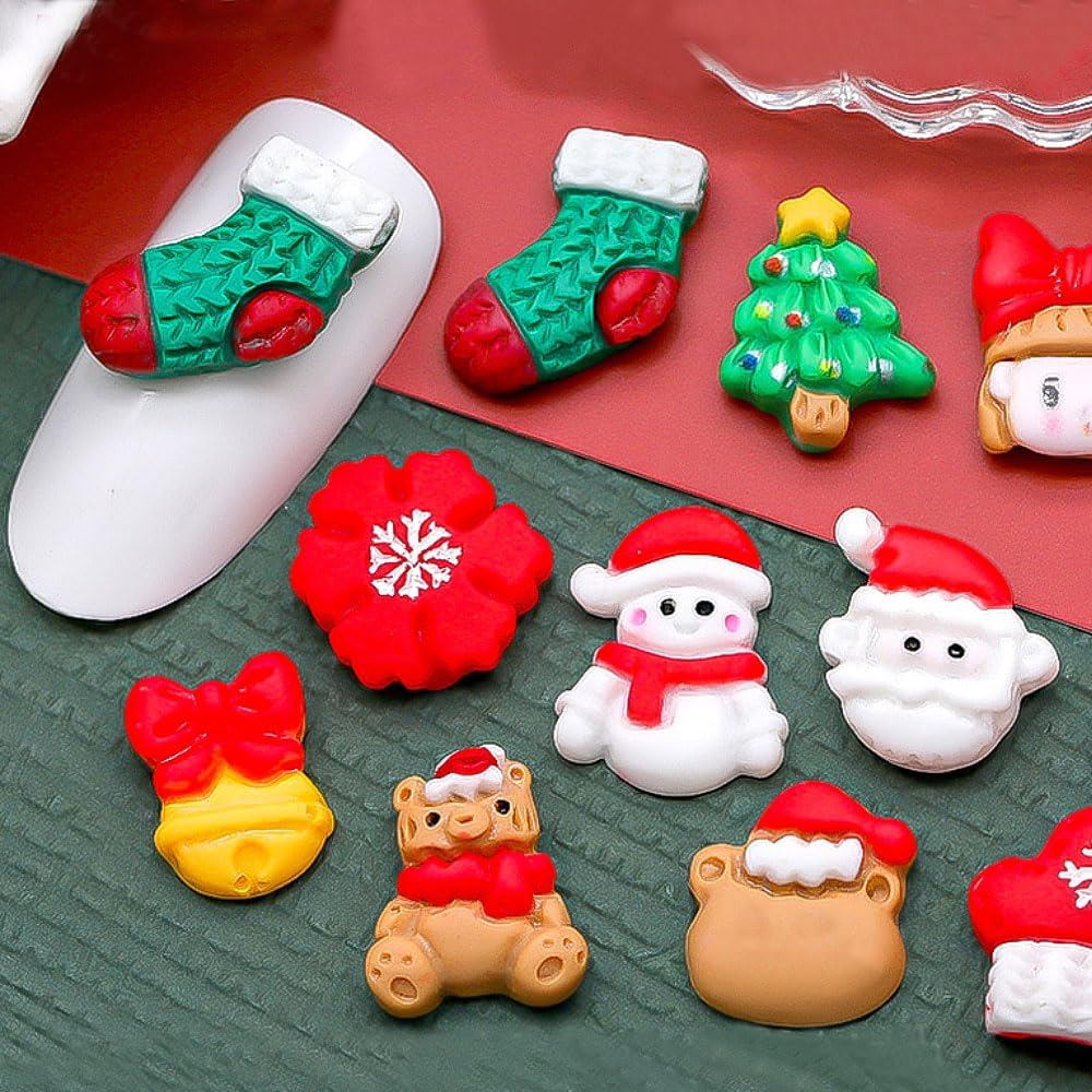 20 dijes de uñas de Navidad con dibujos animados 3D, árbol de Navidad, Papá Noel, muñeco de nieve, campanas, alce, copos de nieve, adornos de uñas
