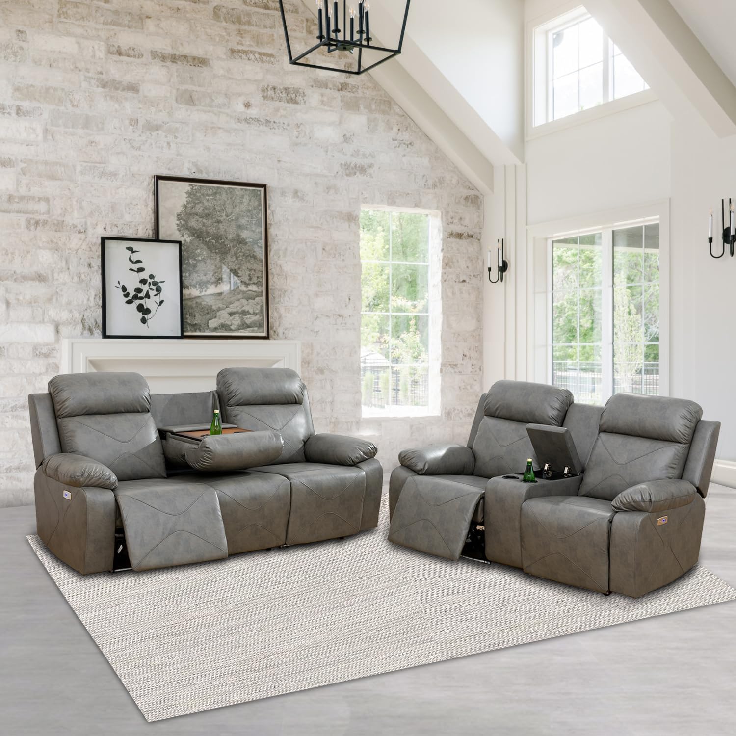 Juego de sofá reclinable de cuero eléctrico con luces LED, juego de muebles de sala de estar, juego de sofá de cuero con puerto USBconsola de
