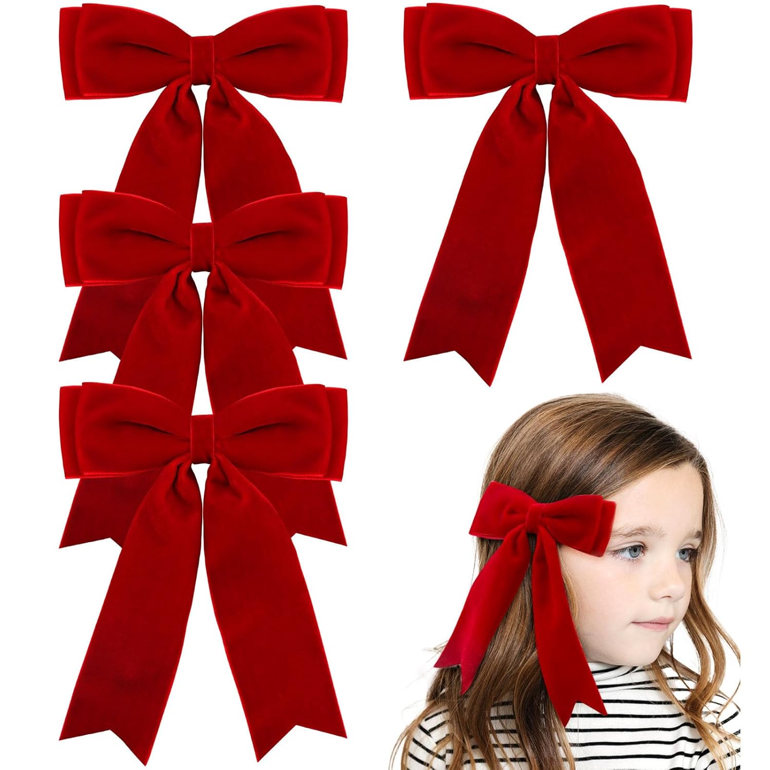 4 lazos de terciopelo para el cabello para niñas, pinzas para el cabello rojo, lazos largos para cola de caballo, accesorios para el cabello para