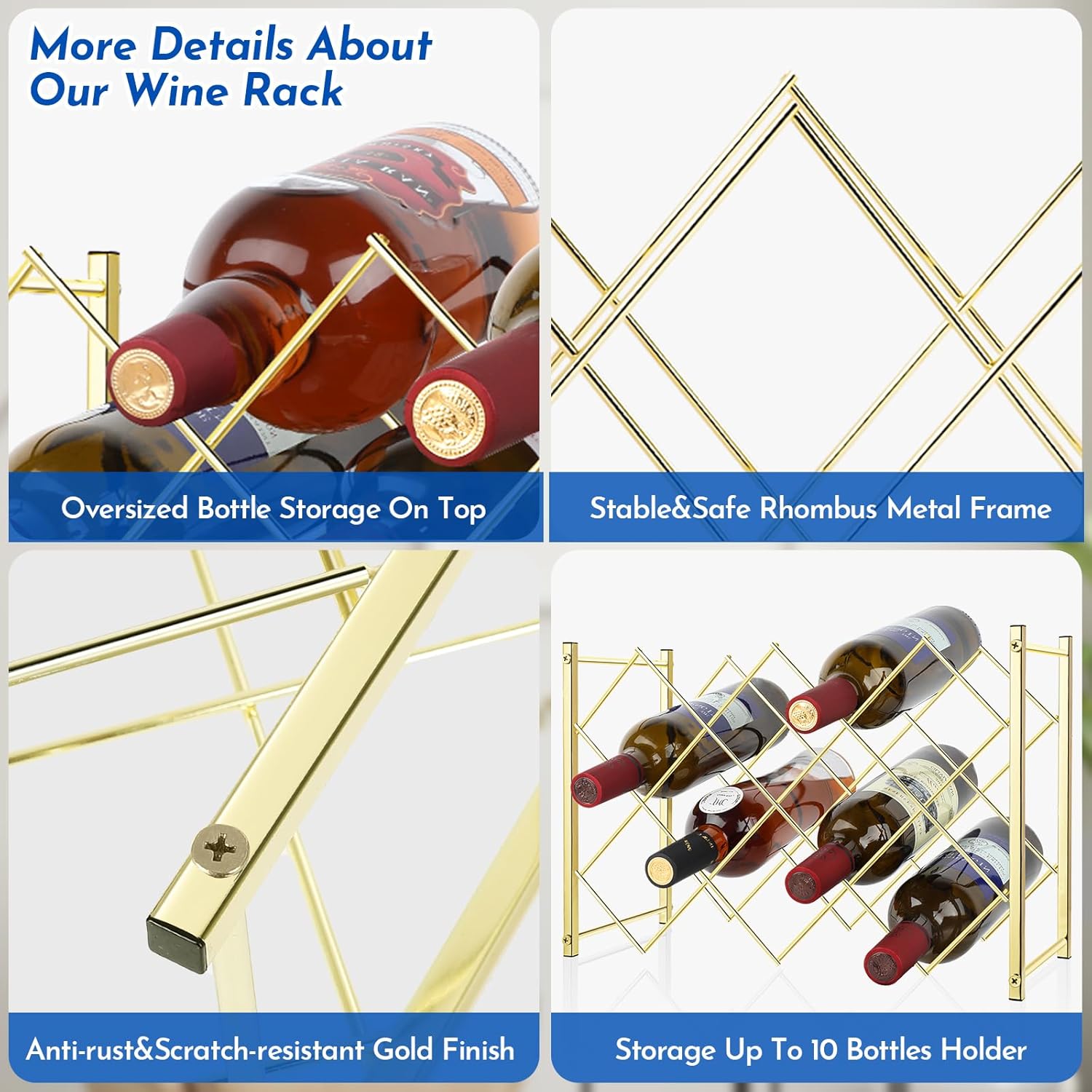 TOBUSA Estante de vino dorado para encimera, moderno estante de vino independiente, soporte para 10 botellas de vino de diseño simple, estante de