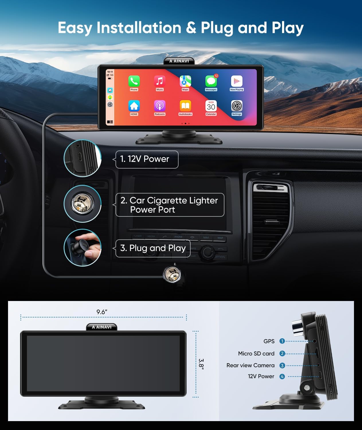 Apple Carplay inalámbrico de 10.26 pulgadas y Android Auto, estéreo portátil para automóvil con cámara de tablero 4K, cámara de respaldo de 1080P,