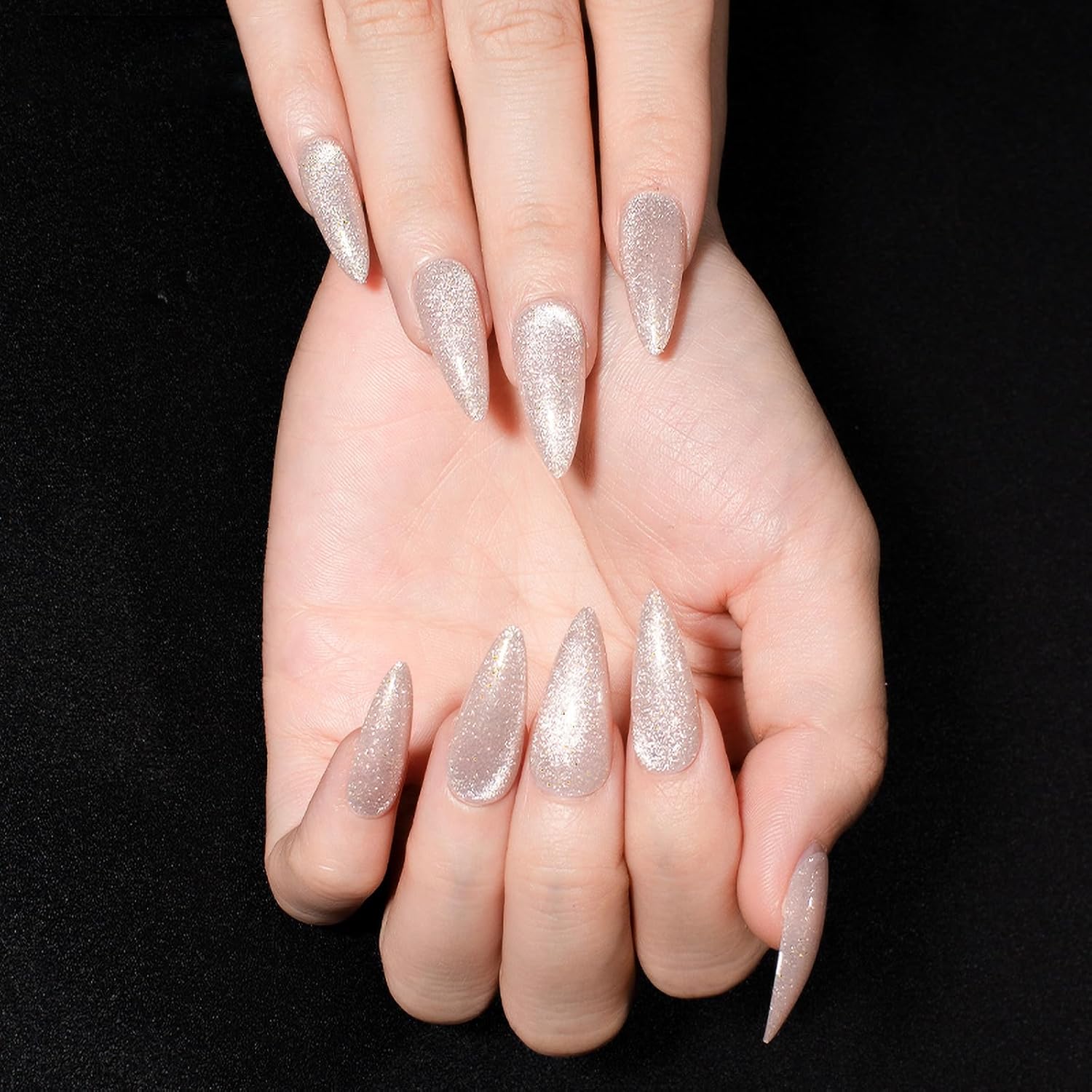 KKUUOO Uñas postizas hechas a mano, uñas postizas de ojo de gato, uñas postizas con diseños de purpurina, uñas acrílicas blancas, cobertura