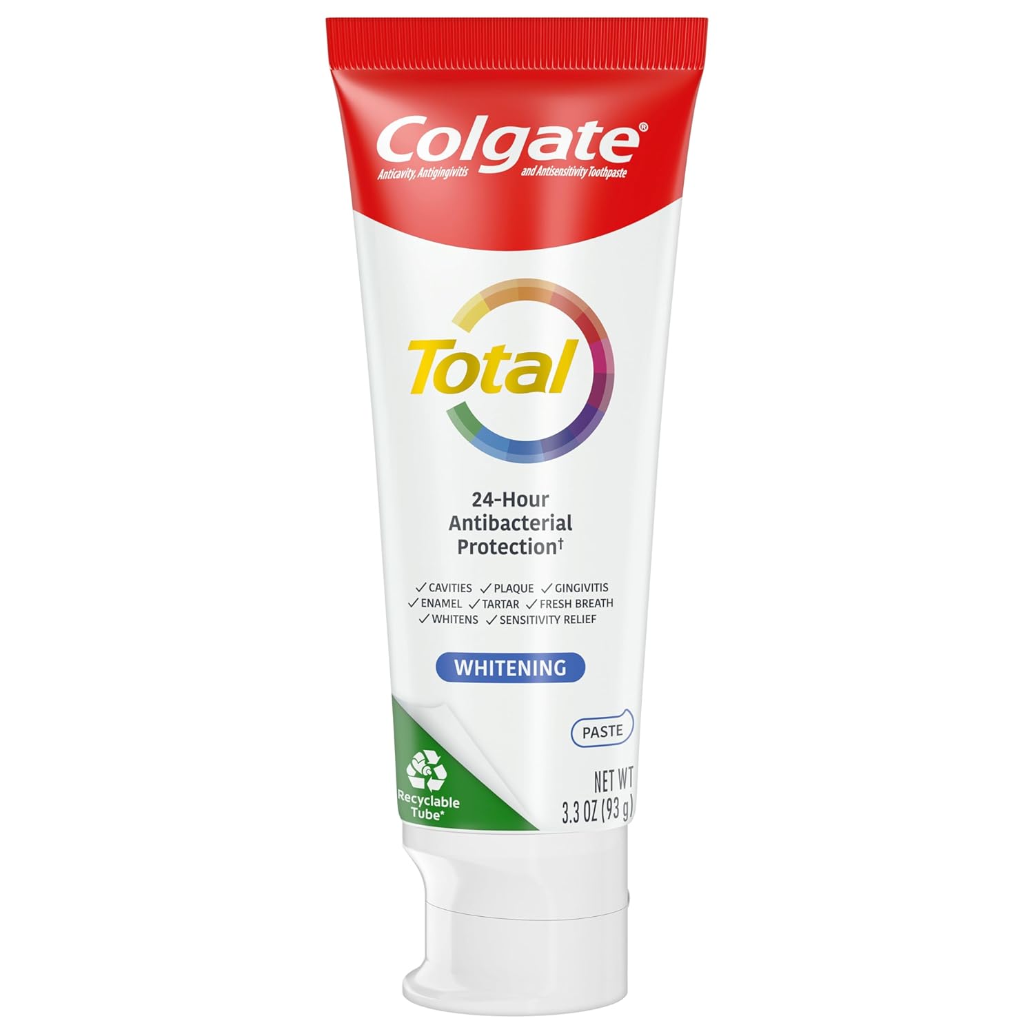 Colgate Pasta dental blanqueadora total, refresca el aliento, blanquea los dientes y proporciona alivio de la sensibilidad, sabor a menta, paquete