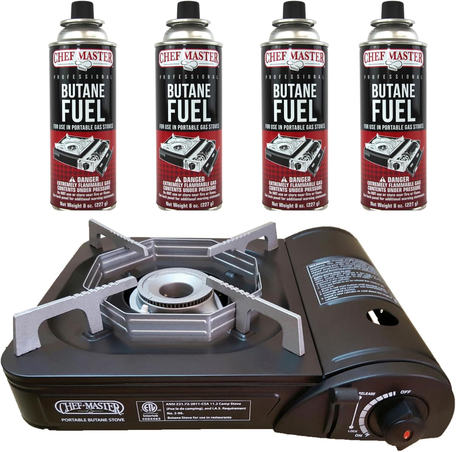 Chef Master 90027 Estufa de butano portátil con 4 latas de combustible de butano  Estufa de gas portátil con funda de transporte resistente  No