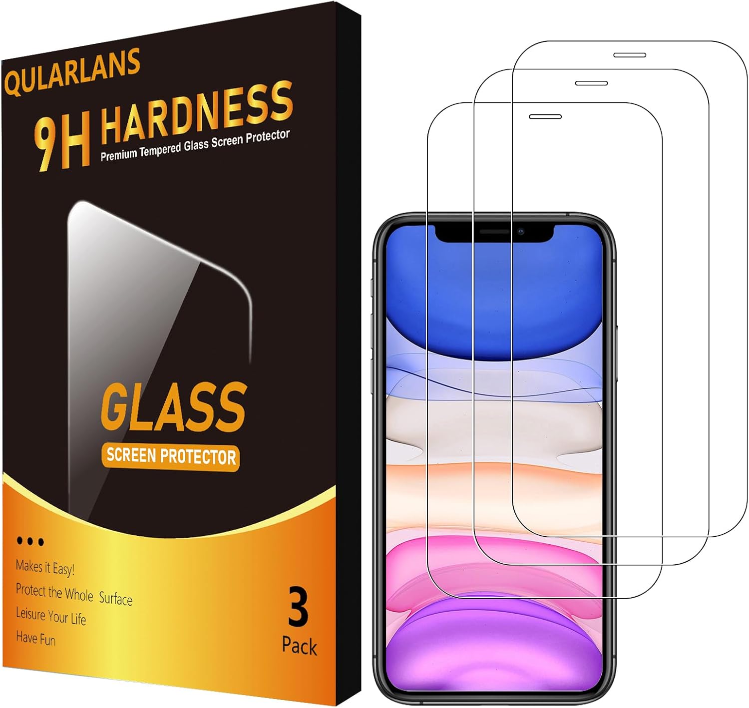 Qularlans Paquete de 3 protectores de pantalla para iPhone 11XR de 6.1 pulgadas, dureza 9H, resistente a los golpes, vidrio templado HD Ultra Clear
