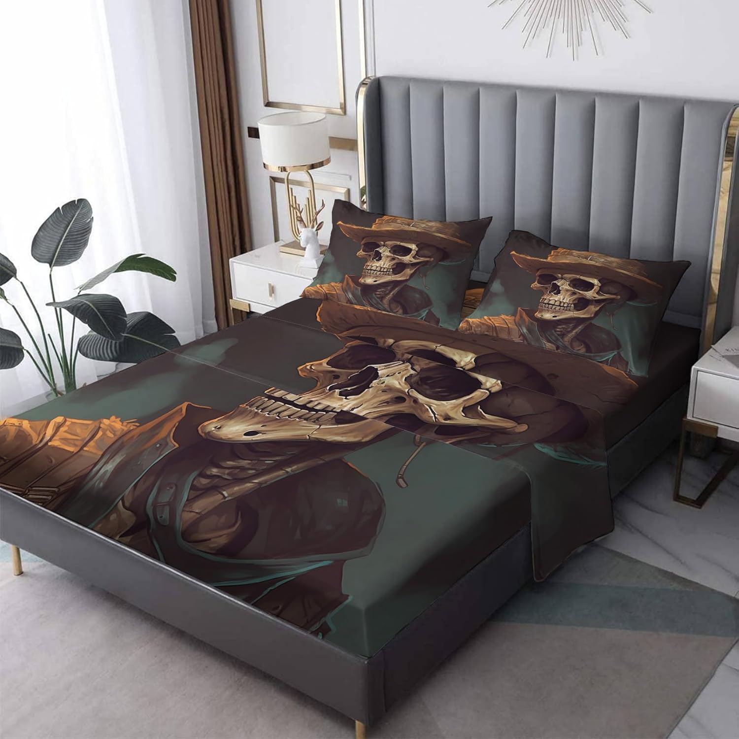 Sábanas de calavera tamaño matrimonial, sábanas y fundas de almohada con patrón de esqueleto de vaquero, bolsillo profundo de 16 pulgadas, juego de