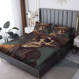 Sábanas de calavera tamaño matrimonial, sábanas y fundas de almohada con patrón de esqueleto de vaquero, bolsillo profundo de 16 pulgadas, juego de Sábanas de calavera tamaño matrimonial, sábanas y fundas de almohada con patrón de esqueleto de vaquero, bolsillo profundo de 16 pulgadas, juego de