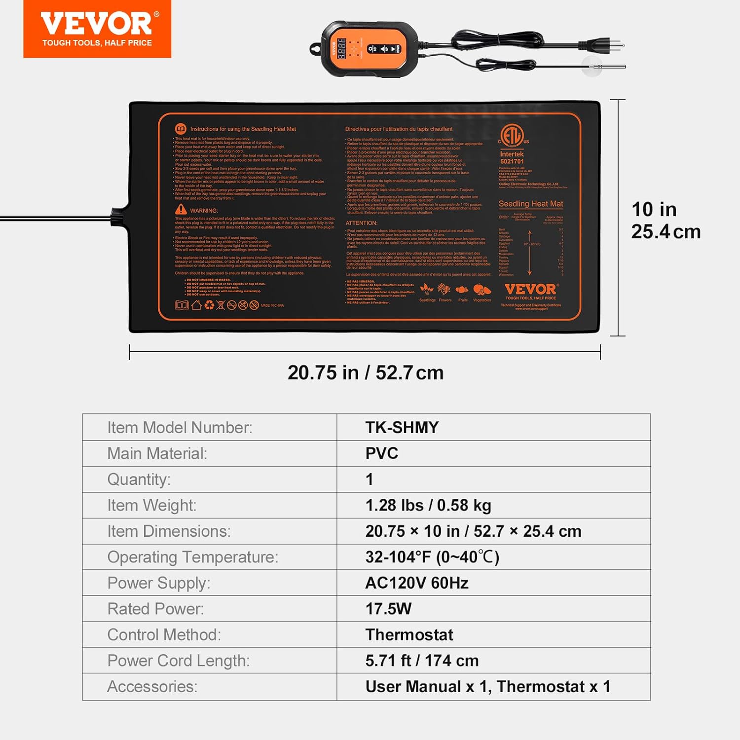 VEVOR Paquete de 1 tapete térmico de plántulas de 10 x 20.75 pulgadas con termostato, certificado UL y MET, almohadilla impermeable para