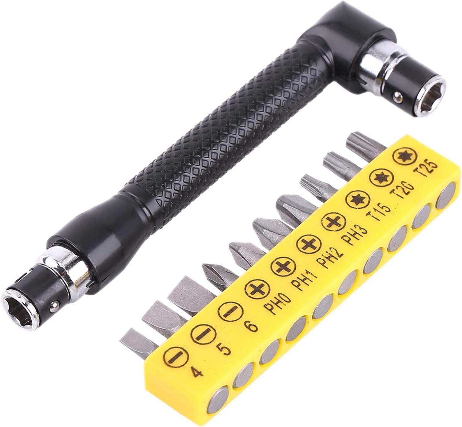 Mango de extensión en forma de L de doble cabeza hexagonal destornillador con 10 puntas de destornillador, 14 de pulgada de doble cabeza hexagonal