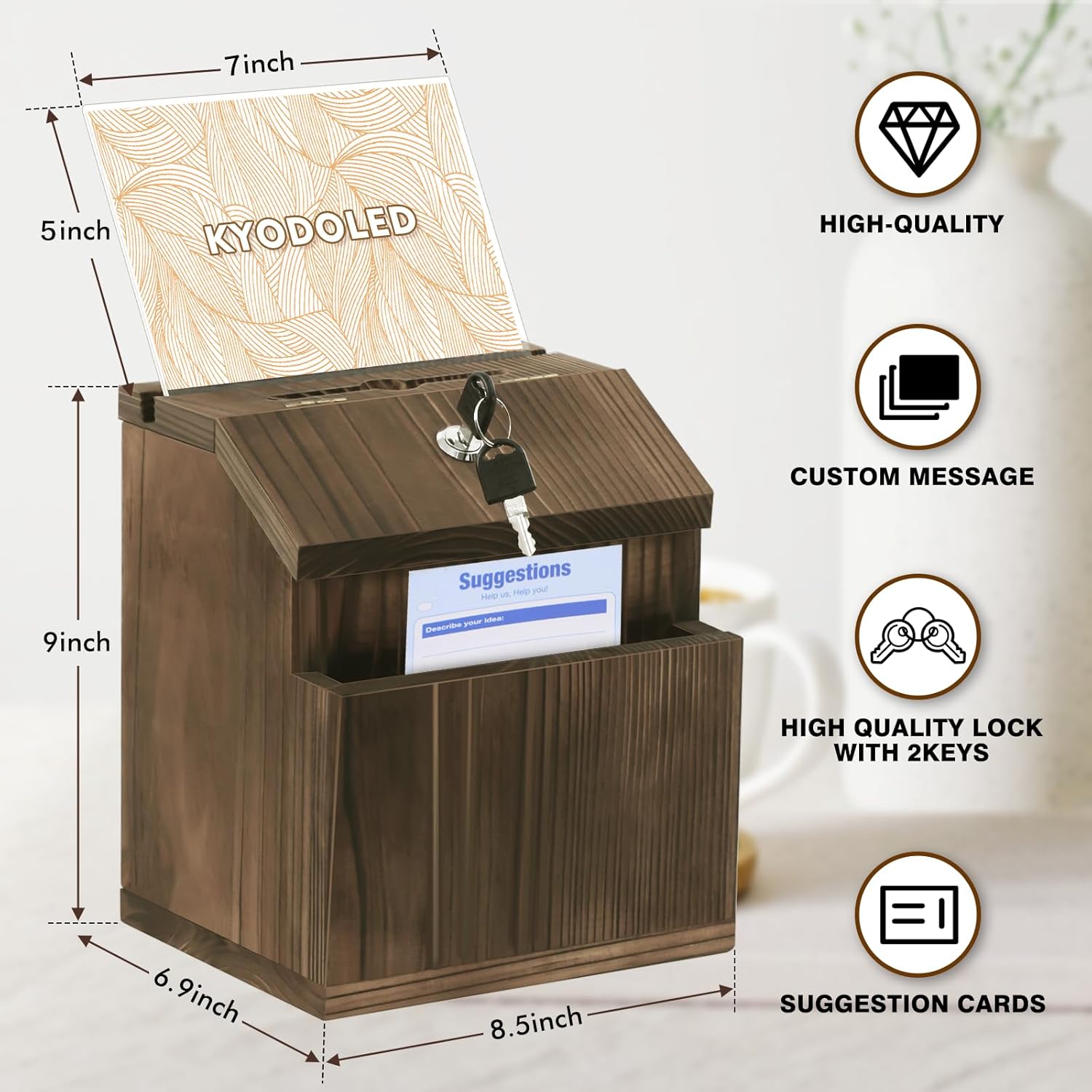 KYODOLED Caja de sugerencias de madera con candado montado en la pared, caja rústica de donación de llaves con soporte acrílico transparente y 30