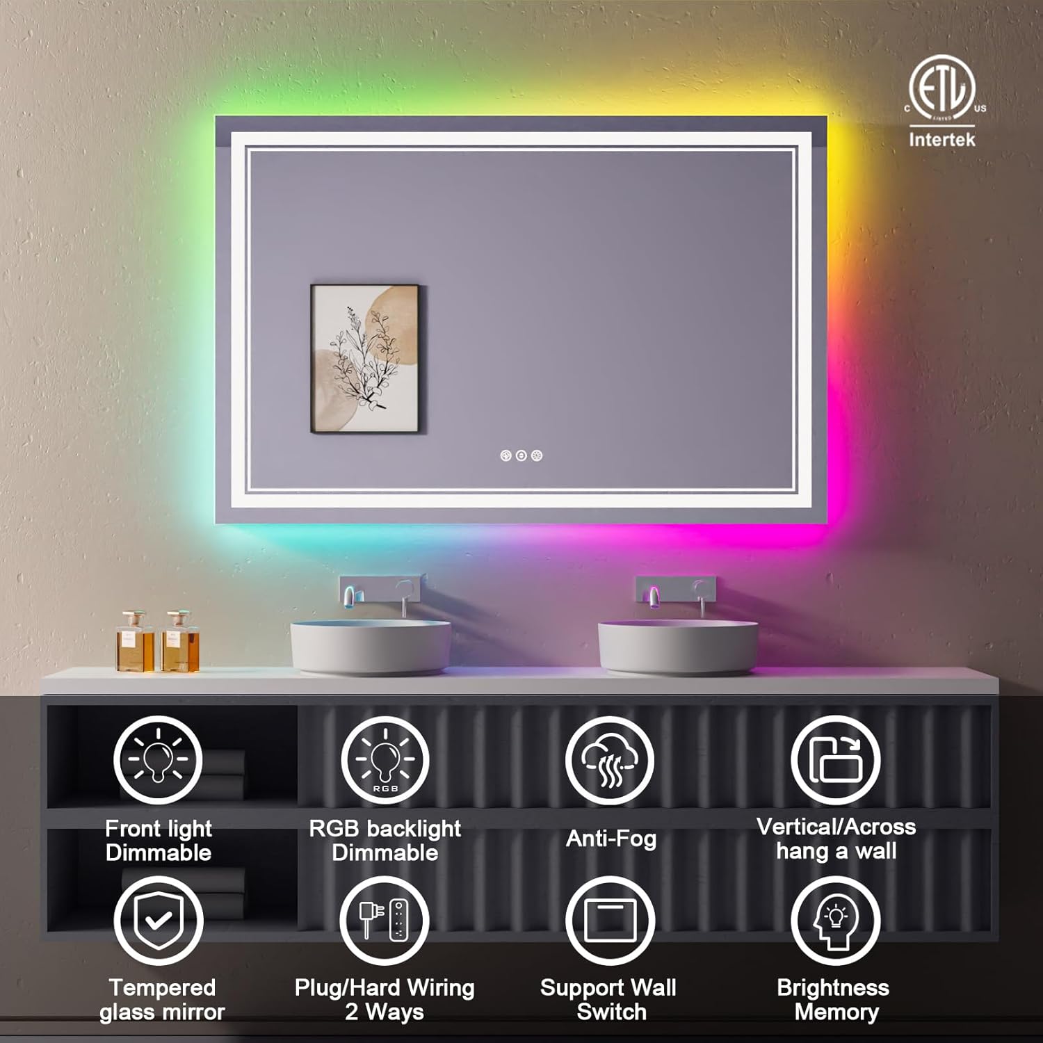 Espejo de baño LED RGB de 60 x 40 pulgadas con luces, espejo LED RGB retroiluminado que cambia de color para baño, espejos de tocador iluminados