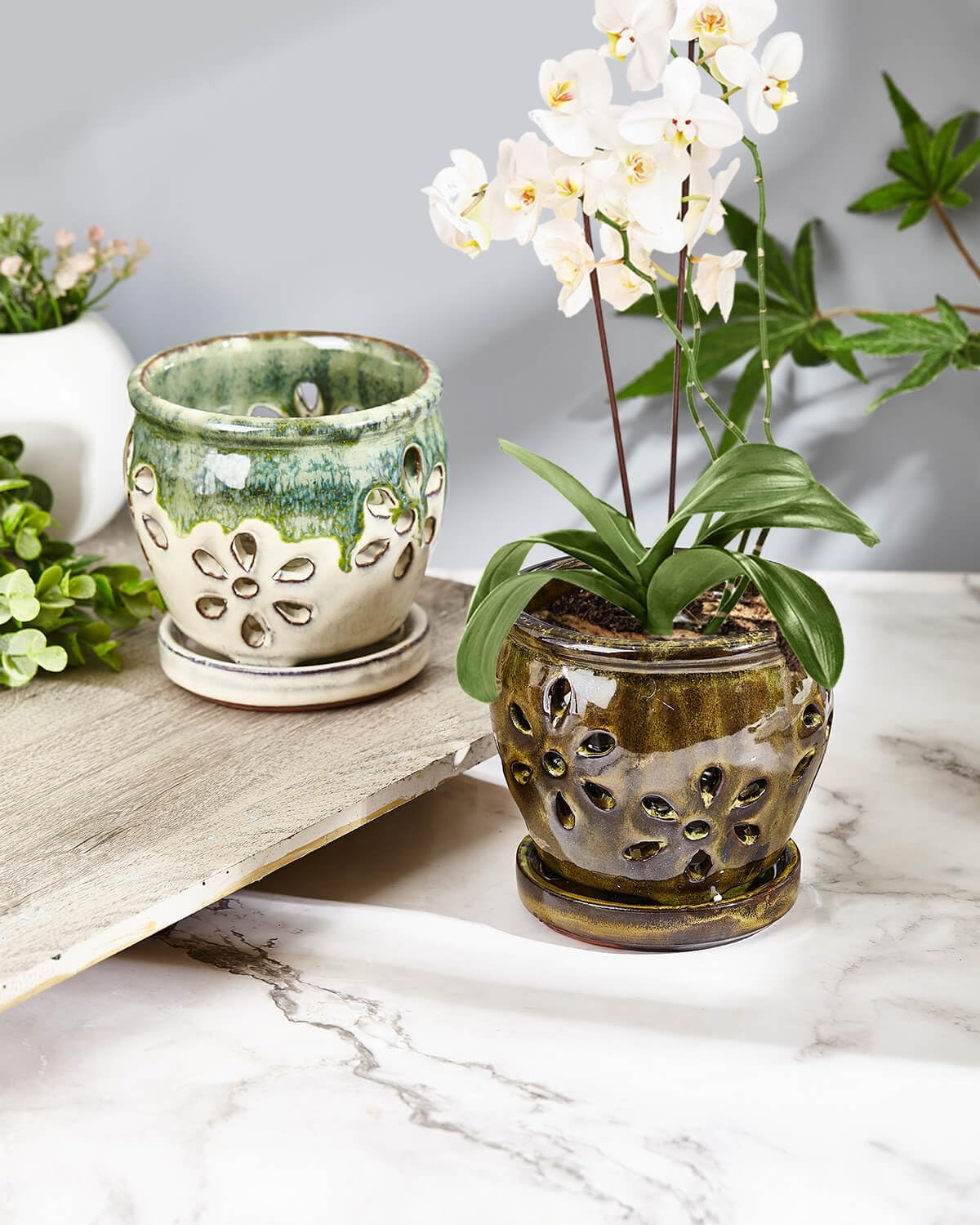 4 Inch Ceramic Orchid Pots with Holes and Saucers – 2 Pcs Small Ceramic Orchid Planter Pots for Repotting, Plant Garden Pots for Indoor and Outdoor