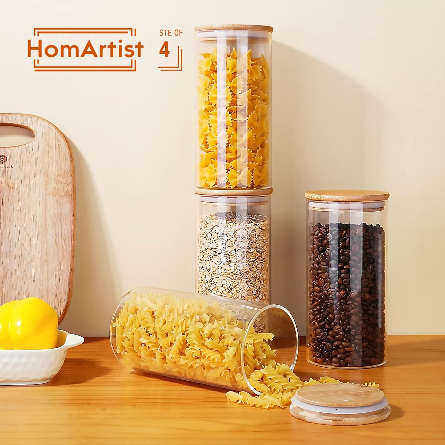Tarros de vidrio con tapas de bambú de 53 onzas líquidas juego de 4, recipientes de vidrio con tapas herméticas, recipientes de vidrio para