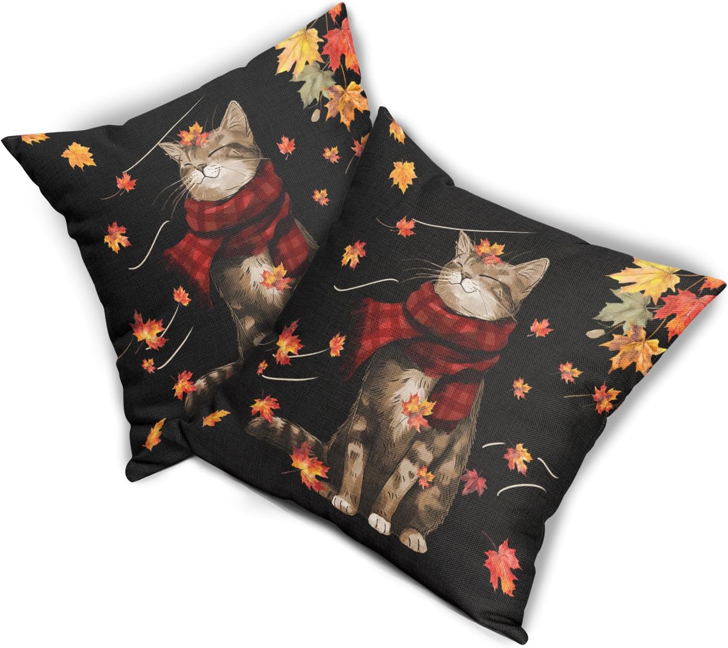 Juego de 2 fundas de almohada de gato de otoño de 16 x 16 pulgadas, diseño de hojas de arce con fondo negro, fundas de almohada decorativas para