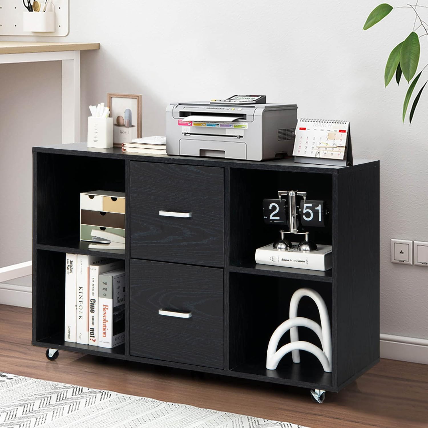 Archivador de 2 cajones, archivador lateral con estantes y ruedas, aparador de buffet negro, gabinete de almacenamiento rodante, gabinetes de madera