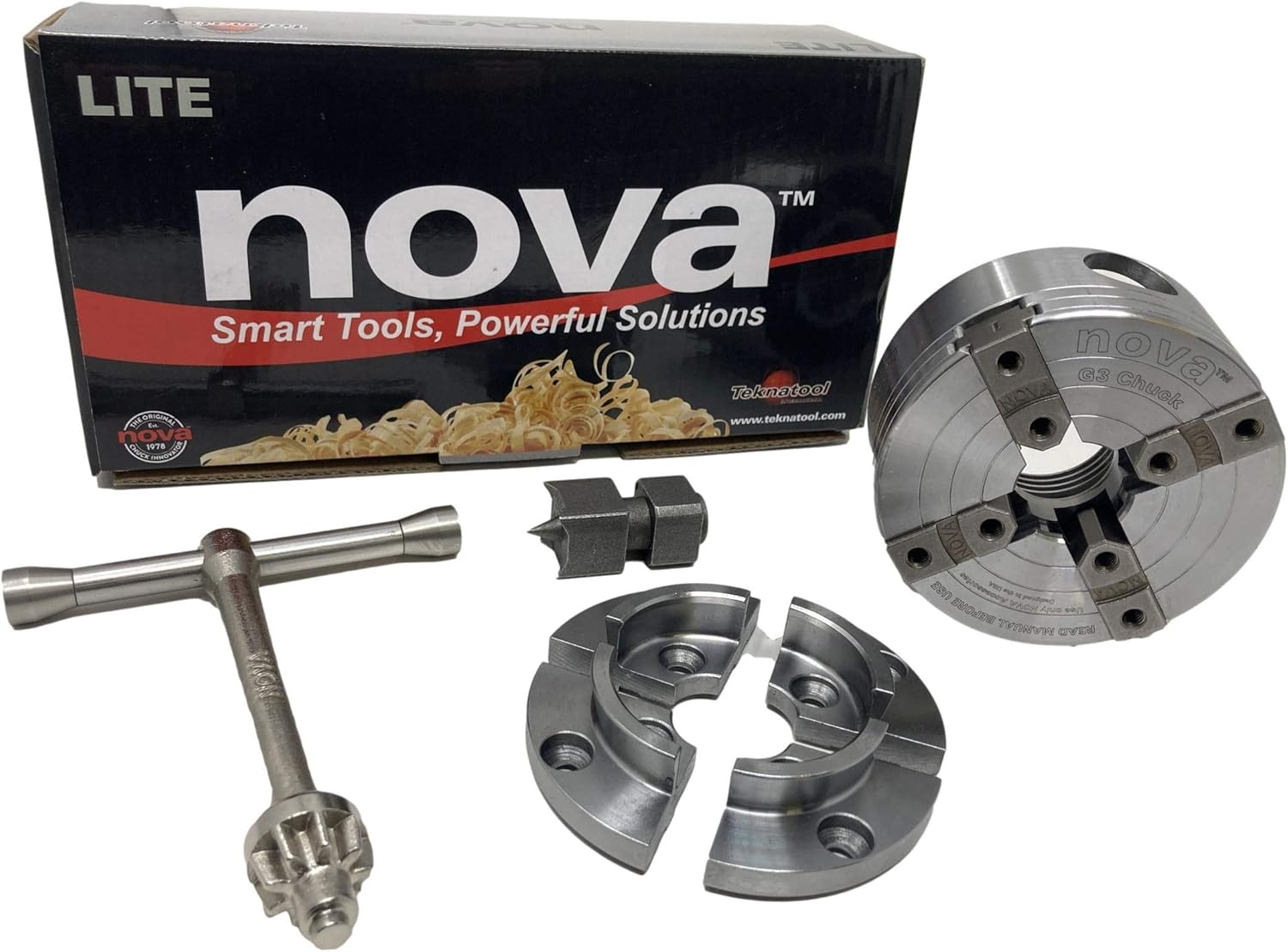 Paquete – 2 artículos – NOVA 48287 G3 Lite Woodlathe Chuck con juego de mandíbula de 2″, más NCSC Chuck Spur, 1″ x8tpi Direct Thread (sólo se adapta
